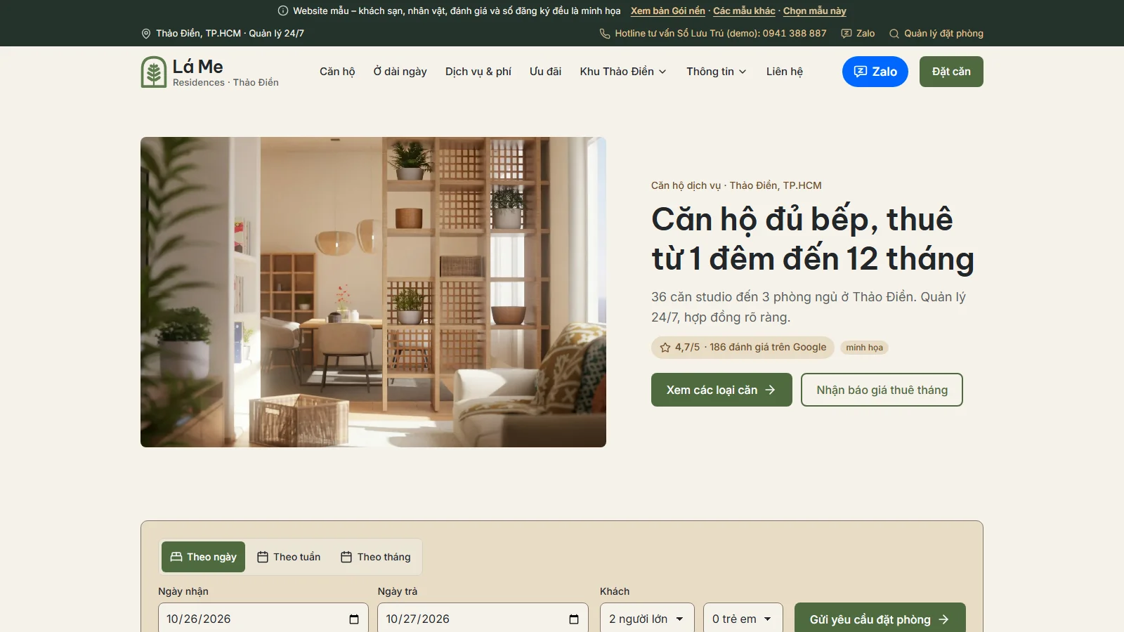 Ảnh chụp trang chủ web demo mẫu Căn Hộ Phố (Lá Me Residences)