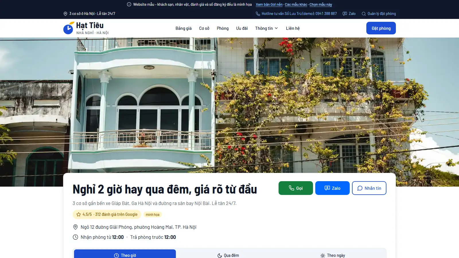 Ảnh chụp trang chủ web demo mẫu Nghỉ Nhanh (Nhà nghỉ Hạt Tiêu)
