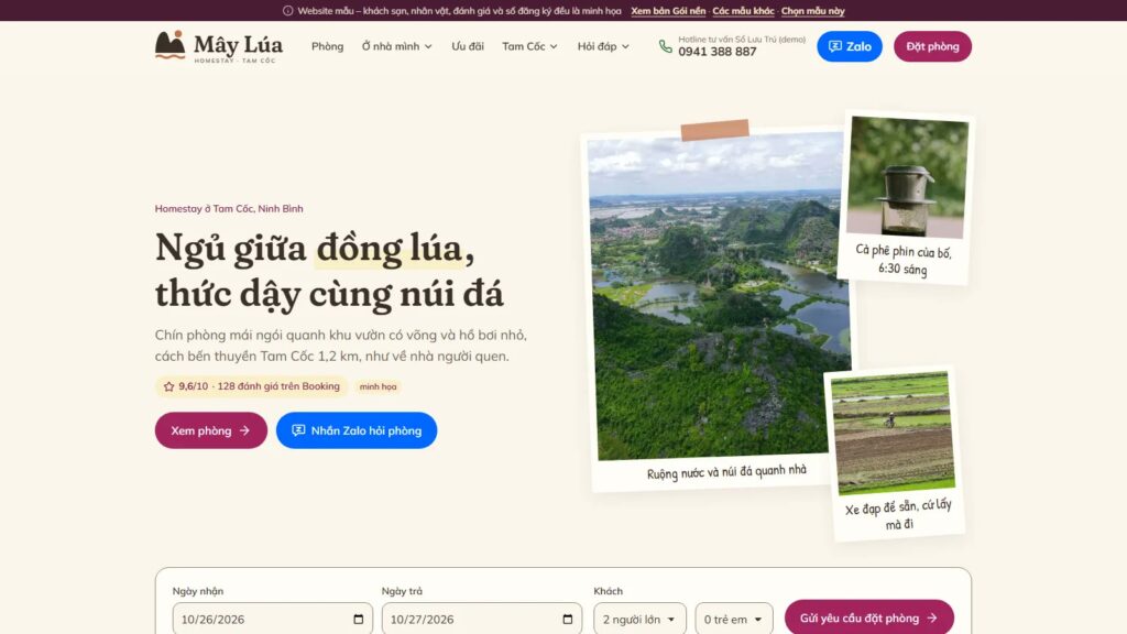 Ảnh và lời giới thiệu trên trang chủ mẫu Homestay Ấm Cúng, phần nội dung website khách sạn khách thấy đầu tiên