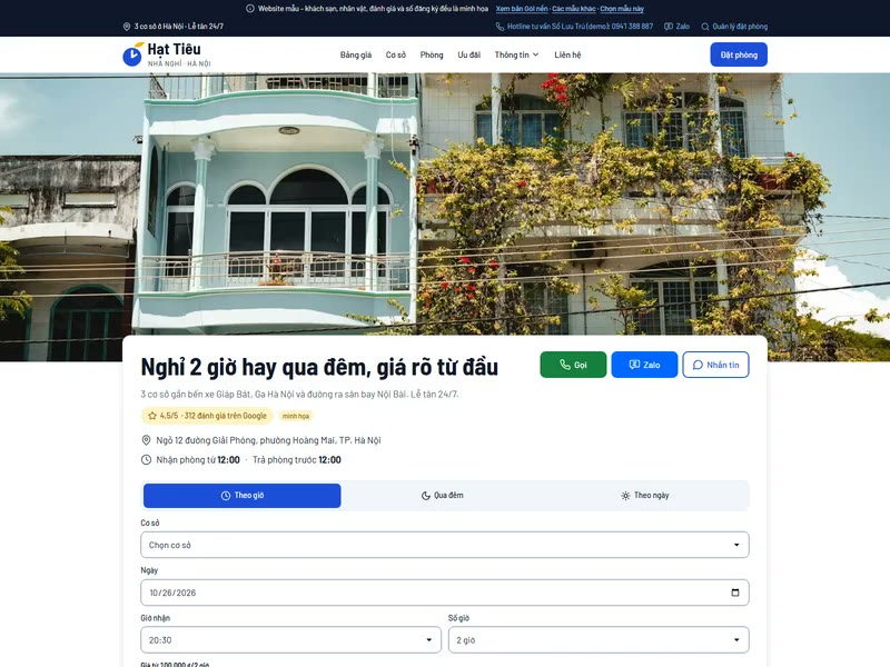Form chọn cơ sở, giờ nhận phòng và số giờ kèm giá tạm tính trên mẫu Nghỉ Nhanh