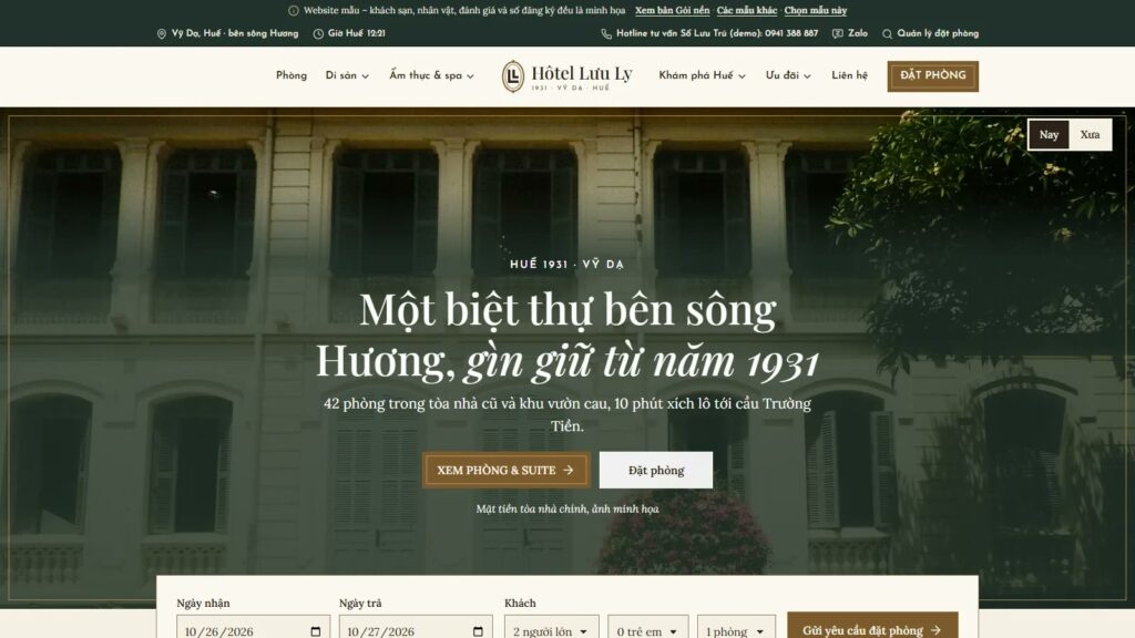 Trang chủ mẫu Di Sản Đông Dương, website khách sạn có sẵn trang chính sách bảo mật