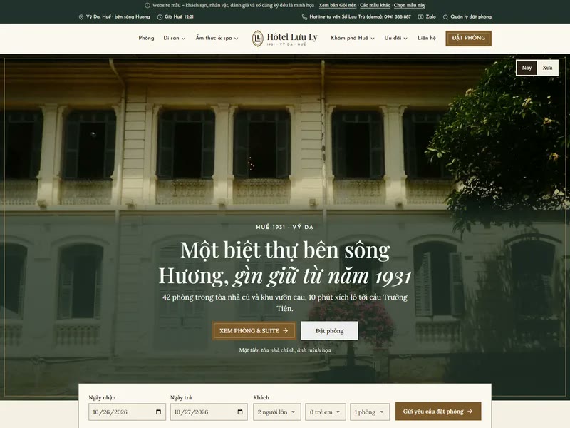Thanh đặt phòng dưới ảnh bìa trang chủ mẫu Di Sản Đông Dương