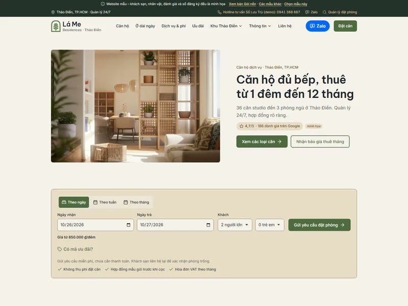 Thanh đặt phòng ba chế độ Theo ngày, Theo tuần, Theo tháng trên mẫu Căn Hộ Phố
