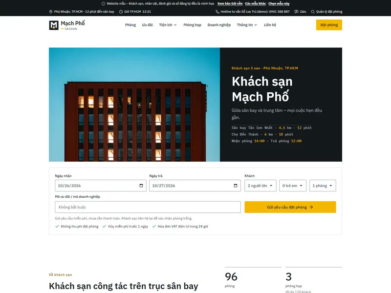 Form đặt phòng có ô mã ưu đãi, mã doanh nghiệp trên mẫu Phố Hiện Đại