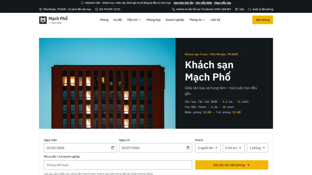Thiết kế website khách sạn mẫu Phố Hiện Đại: trang chủ khách sạn thành phố có form đặt phòng