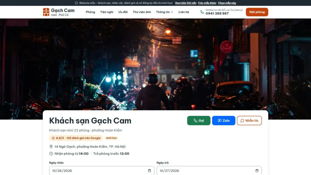 SEO cho khách sạn nhỏ: trang chủ mẫu Mini Gọn ghi rõ tên, địa chỉ và điểm đánh giá Google