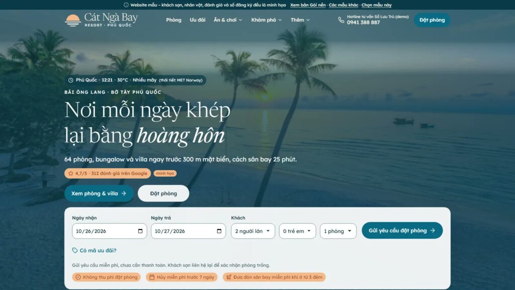Thông báo website cho khách sạn: trang chủ mẫu Biển Xanh có nút đặt phòng trực tuyến