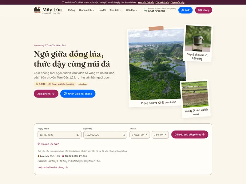 Ảnh ruộng lúa, núi đá và xe đạp kèm chú thích ngắn trên trang chủ mẫu Homestay Ấm Cúng