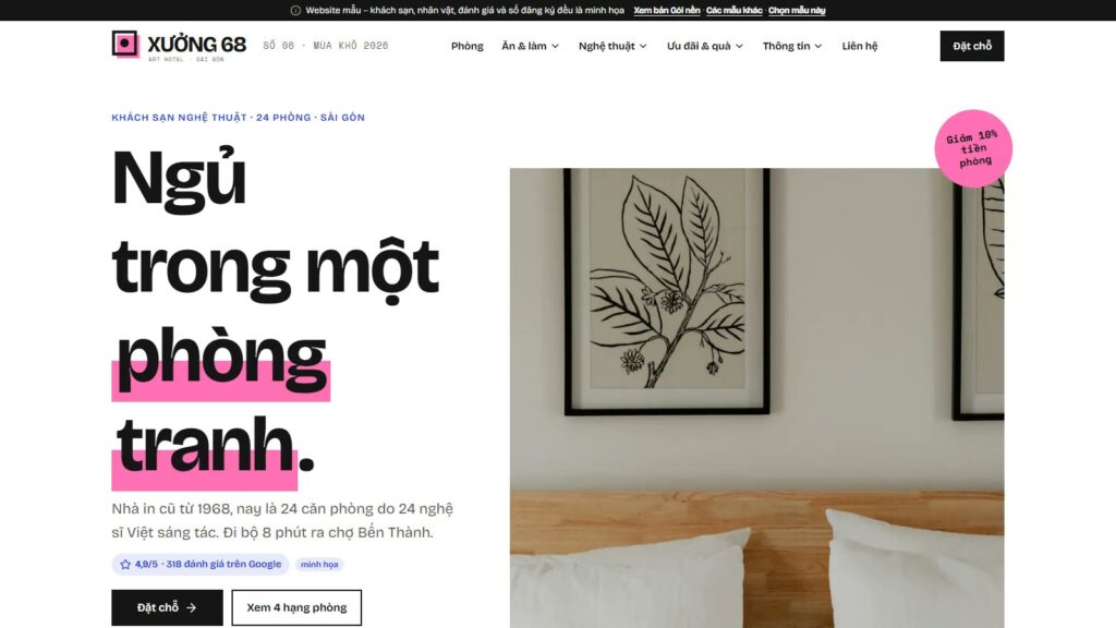 Website đặt phòng trực tiếp mẫu Boutique Nghệ Thuật: trang chủ có nút Đặt chỗ